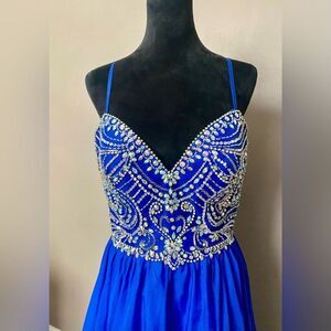 Nina Canacci prom gown blue silver beaded embellished formal pageant dress EUC